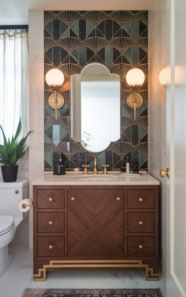 A photo of an elegant Art Deco powder room bathroom with a bold patterned tile backsplash just behind the sink. The tiles showcase classic Deco motifs—geometric fan shapes, chevrons, or stepped arches—in a palette of black, gold, and ivory or emerald and brass. The vanity has essential items on it; is sleek and symmetrical, with a walnut finish and gold-accented hardware. A scalloped mirror sits above the patterned tile, flanked by vintage-style globe sconces with metallic bases (warm light on). The rest of the walls remain neutral—marble—for balance. The space also has a toilet, a potted plant, and a floor rug. Natural light is filtered through a curtained window.