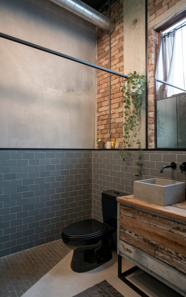 An industrial-chic bathroom with a two-tone tile wall. The lower half of the wall is clad in matte charcoal gray subway tiles laid in a classic brick pattern. The upper half contrasts with smooth, light concrete-look tiles in soft dove gray. A black metal trim strip cleanly separates the two tones, emphasizing the layered effect. Exposed brick and raw concrete accents complement the industrial vibe, along with matte black fixtures and an open metal-framed glass shower enclosure. A reclaimed wood vanity with a concrete basin and minimalist lighting complete the edgy yet sophisticated space. A few plants are added for a touch of nature. The space has a toilet, shower area, curtained window, and a floor rug.