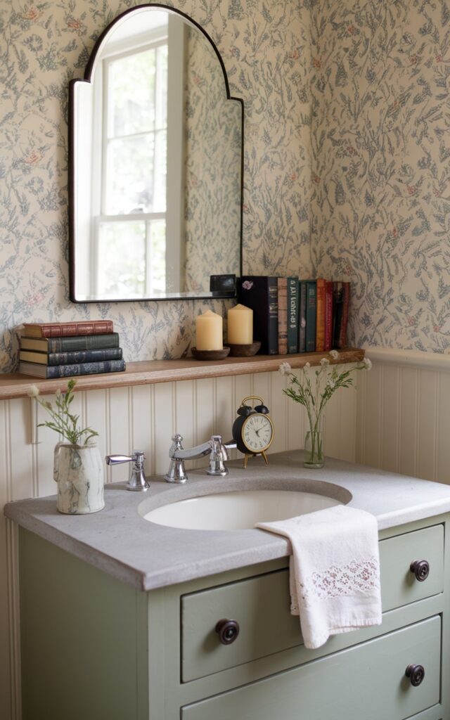A photo of an inviting English countryside bathroom with a painted wood vanity in soft sage or cream, topped with a natural stone counter and a traditional porcelain sink. Just behind the vanity, a built-in wood ledge runs along the wall beneath a charming arched mirror. On the ledge, a few well-loved hardcover books are stacked with spines showing, accompanied by a pair of small pillar candles and a petite vintage-style clock with brass trim. Floral wallpaper, a lace-trimmed towel, and a sprig of wildflowers in a tiny vase complete the look. The space feels warm, nostalgic, and wonderfully lived-in—like a storybook nook in the heart of the countryside.