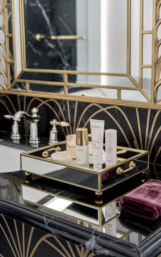 A photo of an opulent Art Deco-style bathroom with a sleek black marble countertop and a gold-trimmed mirror above it. The centerpiece is a glamorous mirrored vanity tray with beveled edges and brass handles, containing chic skincare items. The bathroom has a fan-motif backsplash and a velvet hand towel nearby. The overall look is bold, symmetrical, and dazzling, with a modern twist.