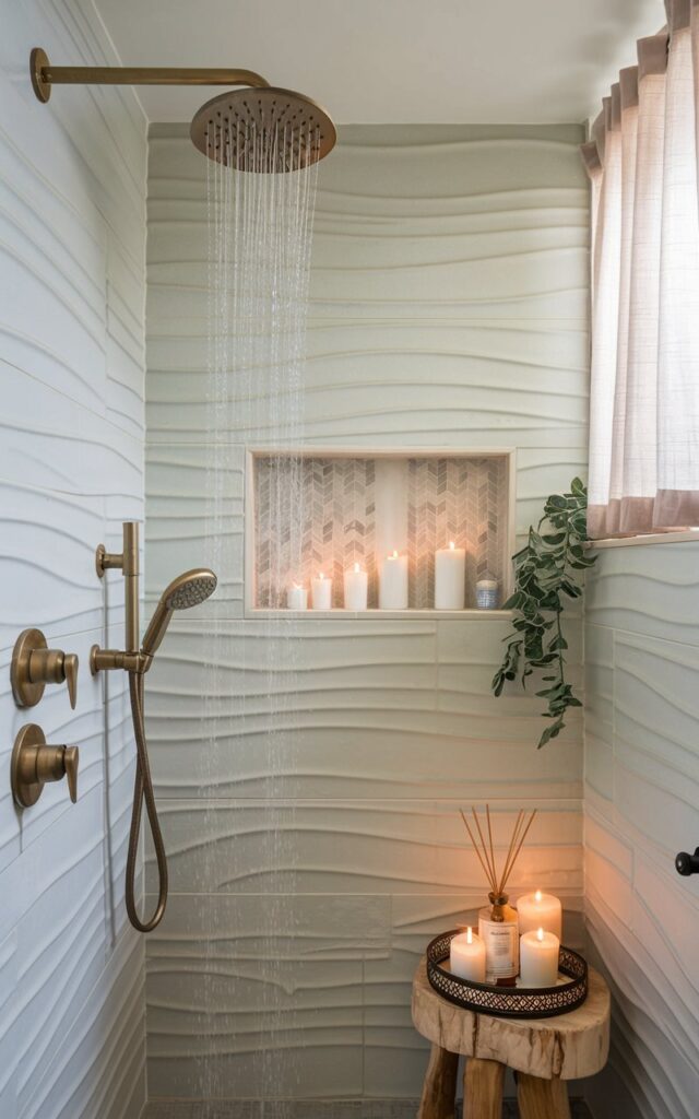 A photo of a California coastal modern bathroom with a sleek brass rainfall showerhead. The showerhead has water drops splashing, mimicking the soothing sensation of a spa shower. The wall tiles have a unique texture in soft seafoam and sandy beige tones, creating a beach-inspired backdrop. The bathroom features brushed brass hardware and natural wood accents. The shower area has a spa-like feel with candles and a reed diffuser kept in a decorative tray on a windowsill. The window has curtains. The space also has a recessed shelf, a wooden stool, and a plant.