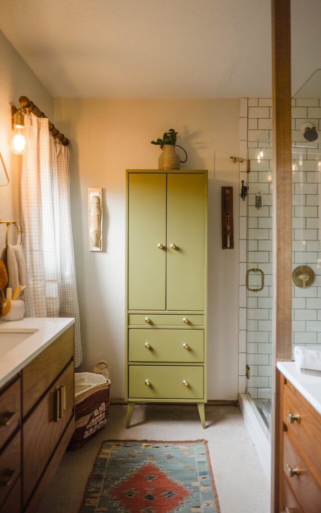 A photo of a mid-century modern bathroom with a linen cabinet painted in a bold avocado green. The cabinet stands out against neutral walls and natural wood accents, adding a vibrant retro pop of color. The space is surrounded by minimalist fixtures, brass hardware, and warm lighting, enhancing the cozy, vintage-inspired atmosphere. There is a vanity, a shower area, a curtained window, a floor rug, and other miscellaneous items in the space.