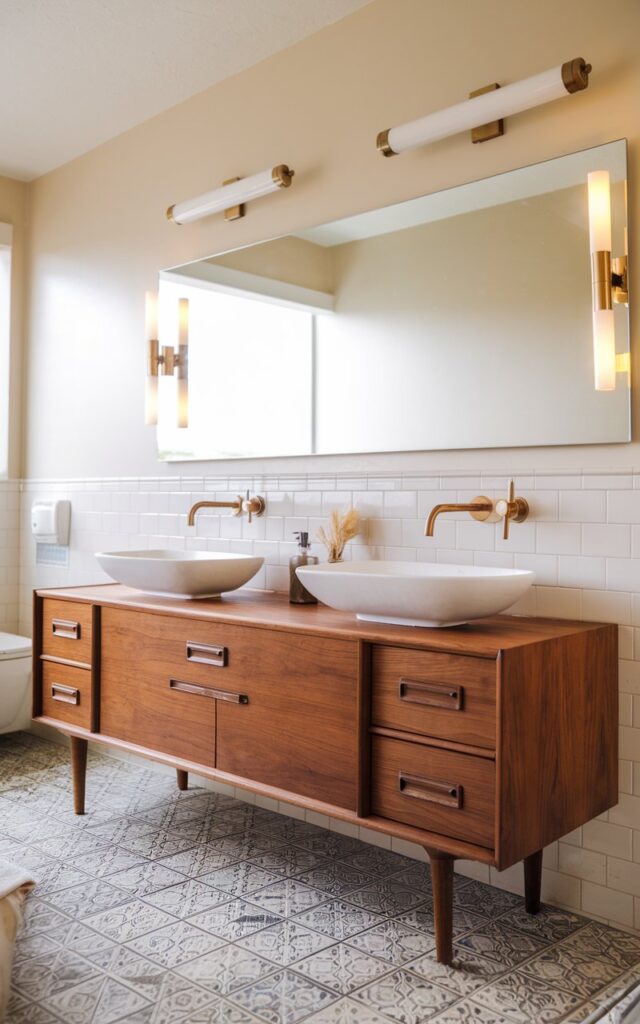 A photo of a fully furnished mid-century modern bathroom. The bathroom features a repurposed mid-century credenza as a striking double sink vanity. The credenza showcases rich walnut wood with clean lines, tapered legs, and signature brass or wood drawer pulls. Two sleek ceramic vessel sinks sit atop the original surface, paired with wall-mounted or tall faucet fixtures in brushed brass. The drawers and cabinets offer both charm and storage, blending vintage craftsmanship with modern function. Above, a wide horizontal mirror reflects ambient light from sconces. The space includes patterned tile flooring, soft accent colors, and curated retro accessories for a warm, layered aesthetic. Natural light is soft, ambient.