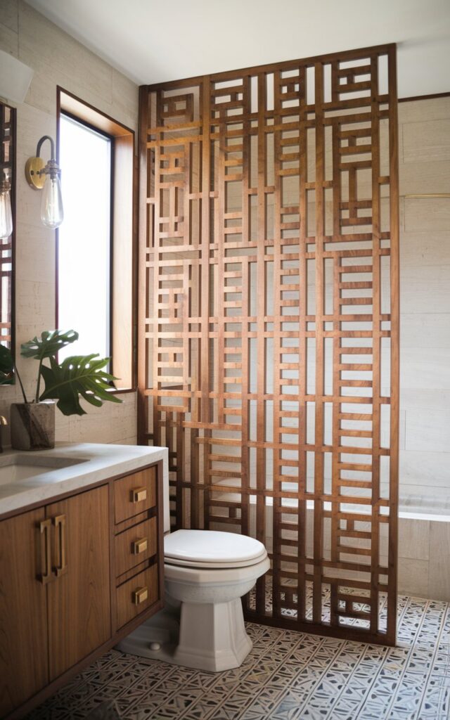 A photo of a mid-century modern bathroom with a striking teak privacy screen. The screen has a bold geometric cut-out pattern and is positioned to subtly divide the toilet area from the rest of the space. The rich teak wood brings warmth and texture, standing out against smooth, neutral-toned walls. The screen's openwork design allows light to pass through while adding visual interest and architectural depth. Surrounding elements include a floating vanity with brass hardware, vintage-style lighting, and a patterned tile floor. A potted plant and minimal decor pieces soften the look, completing the bathroom’s sophisticated, well-balanced design.