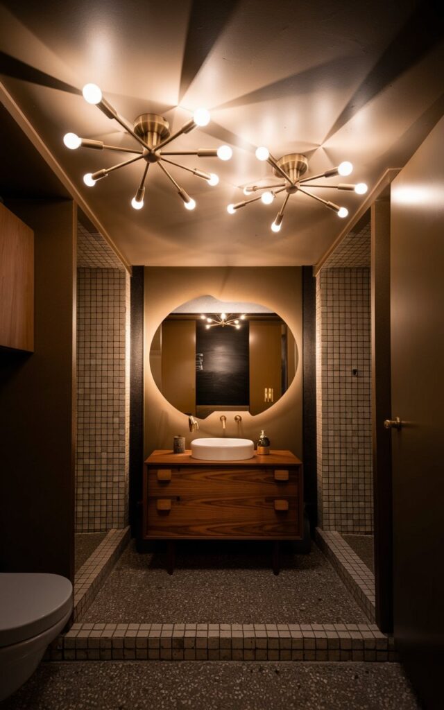 A photo of a fully furnished mid-century modern bathroom. The room is illuminated by a pair of Sputnik-style mini ceiling lights, each featuring multiple slender arms tipped with small globe bulbs. The fixtures are finished in brushed brass and add an unexpected, playful glow to the space, casting dynamic shadows and retro charm. The lighting enhances the geometric lines and warm tones of the room. Surrounding elements include a walnut wood vanity, terrazzo or mosaic flooring, and minimalist décor. The overall ambiance is stylish, well-lit, and distinctly mid-century with a bold twist.