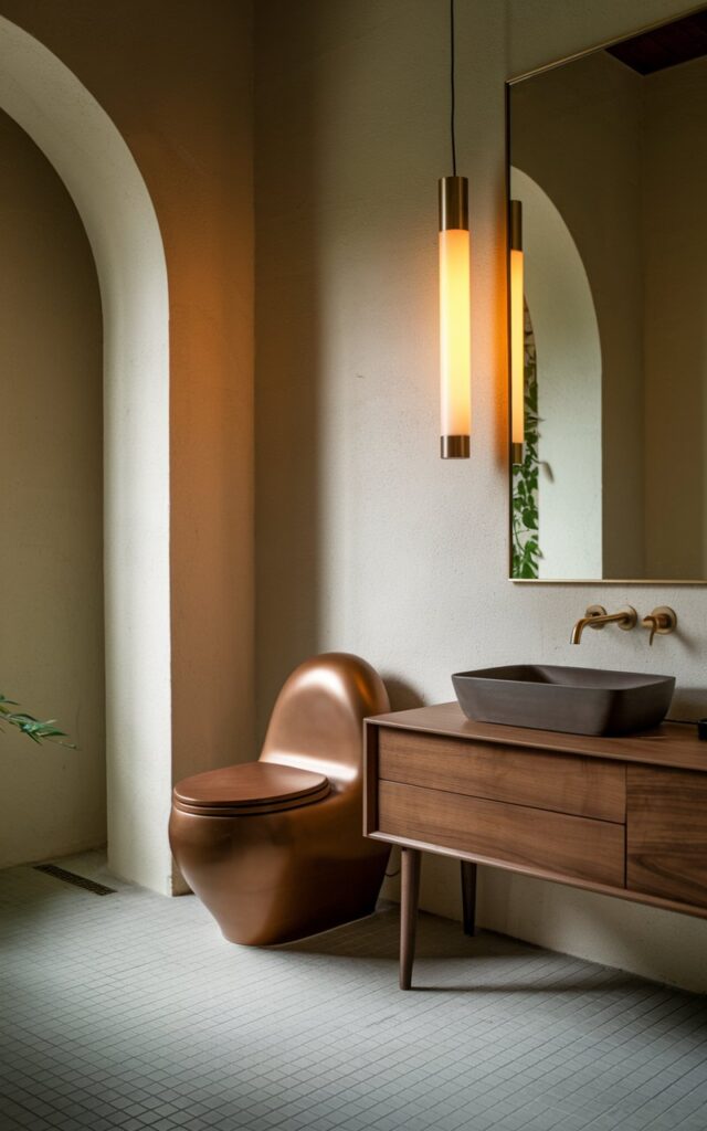 A photo of a mid-century modern bathroom with a warm wood tone, matte brass accents, and clean architectural lines. The toilet has a sleek, curved silhouette with soft, rounded edges and a smooth matte white finish. It is positioned against a subtly textured wall. Nearby, a low walnut vanity with tapered legs and a rectangular vessel sink sits beneath a wide mirror. The flooring showcases understated mosaic tiles, and a statement pendant lighting enhances the atmosphere with a warm glow. The room is minimalist and contains greenery.