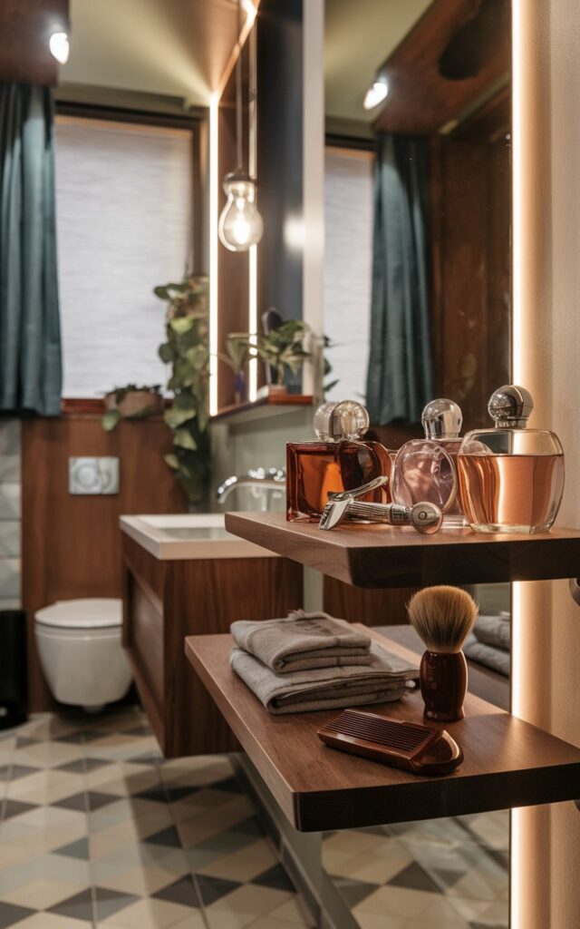 A photo of a mid-century modern bathroom with a nostalgic vibe. There is a floating wood shelf beside the vanity, displaying vintage glass perfume bottles in amber, rose, and clear tones. Retro grooming tools like a chrome safety razor, a classic shaving brush with a wooden handle, and a tortoiseshell comb are neatly arranged. The shelves are styled minimally with a few stacked linen towels and a small ceramic tray. The backdrop includes warm walnut finishes, muted wall tones, and geometric floor tiles, all illuminated by ambient lighting from a nearby pendant light. The space also has a toilet, a curtained window, and a few plants. The natural light is soft.