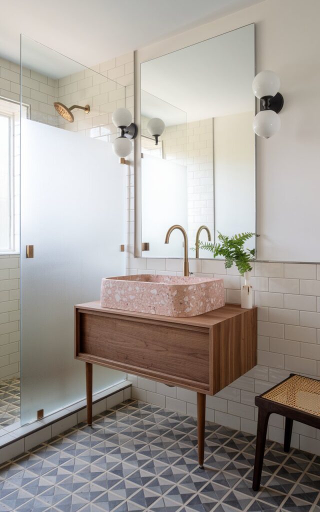 A photo of a mid-century modern bathroom with a fully furnished interior. The main focus is a custom terrazzo sink basin in a soft blush pink tone. The sink is set into a floating walnut vanity with tapered legs. The terrazzo's abstract, retro-inspired pattern is mirrored by the geometric floor tiles in charcoal and cream. A streamlined brass faucet rises elegantly beside the sink. A large frameless mirror reflects a pair of globe wall sconces in matte black. The walls are crisp white, and a frosted glass shower enclosure maintains a calm palette. A slender teak stool with a woven seat and a small potted fern introduce natural warmth. The room is a harmonious blend of vintage pattern and modern simplicity.