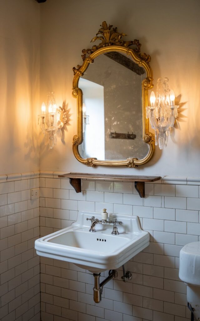 A photo of an English countryside bathroom with a gilded, ornate mirror hanging above the sink. There are two vintage frosted sconces on either side of the mirror, with warm light illuminating the room. The bathroom has a white tile floor and white walls. There is a wooden shelf above the sink.
