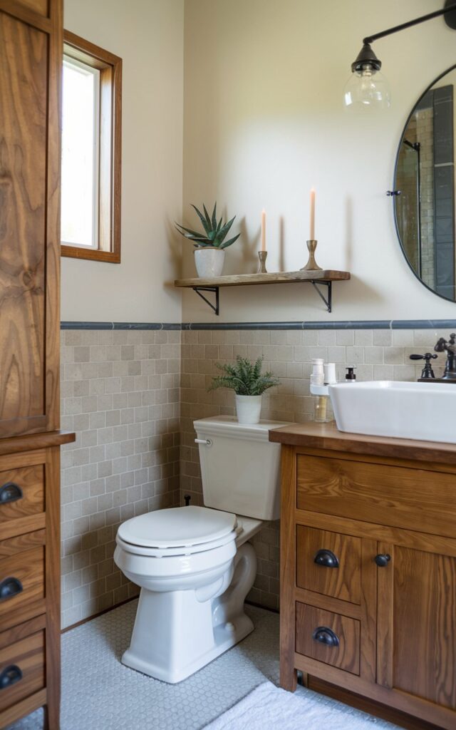 A photo of a modern craftsman bathroom with a tiny shelf sneaked behind the toilet tank. The shelf is holding a candle and a plant. The bathroom has a white toilet, a wooden vanity with a white sink, and a wooden cabinet. There is a white rug near the toilet. The wall has a beige tile pattern.