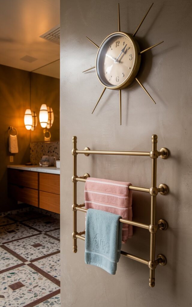 A photo of a mid-century modern bathroom with a stylish wall-mounted towel rack in a brushed brass finish. The rack is positioned below a vintage-inspired mid-century clock with a sunburst design and slender brass spokes. The clock is mounted on a smooth, muted-tone wall. The bathroom features a wooden vanity, terrazzo flooring with geometric patterns, and sconces providing warm ambient light. The designer towels hung on the rack are in pastel shades.