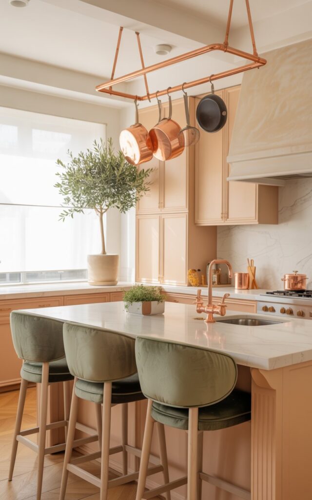 A photograph of a brightly lit, modern Americana style glam kitchen centered around a large central island. The island boasts a pristine white marble countertop, a deep stainless steel sink, and three plush velvet bar stools in a soft sage green color, facing the cook. Above the island, a copper pot rack displays a curated selection of cookware – three gleaming copper pots and two wooden utensils – while warm, textured cabinetry in a creamy beige color lines the walls, accented by brushed gold hardware and a strategically placed potted olive tree. Soft natural light streams in from a nearby window, highlighting the luxurious details and creating a welcoming, inviting atmosphere.
