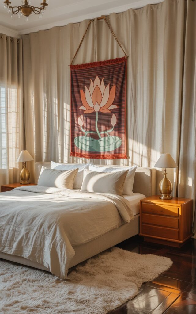 A photograph of a serene Balinese chic bedroom centered around a king-sized bed draped in soft linen bedding. The bed is accented by a vibrant, small tapestry depicting a stylized lotus flower in "muted earth tones" hanging above it, providing a focal point and textured detail. A polished teak wood nightstand with a brass lamp sits beside the bed, while a plush, cream-colored rug covers the dark hardwood floor and a delicate chandelier casts a warm glow across the room. Sunlight streams through sheer linen curtains, highlighting the natural materials and creating a calming, luxurious atmosphere.