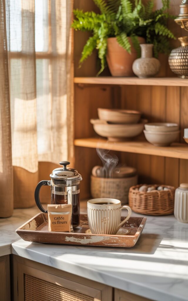 A photograph of a sun-drenched corner in a Balinese-meets-French country kitchen, with the focus on a small, weathered wooden tray. The tray sits on the edge of a Carrara marble countertop, artfully arranged with a delicate porcelain mug filled with steaming coffee, a small bag of "Café des Fleurs" sugar, and a gleaming silver French press. Open shelving behind the tray showcases a collection of ceramic bowls and woven baskets, alongside vibrant green ferns in terracotta pots, all bathed in the warm glow of natural light filtering through sheer linen curtains. The backdrop reveals warm wooden cabinetry and textured beige fabrics, creating an atmosphere of relaxed elegance.