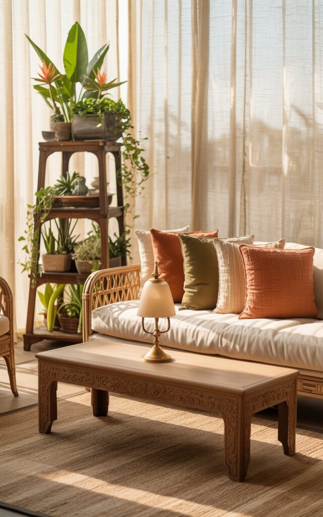 A photograph of a sun-drenched Balinese-rustic living room centered on a plush, cream-colored linen sofa. The sofa is adorned with several textured cushions in shades of terracotta, olive green, and sandy beige, facing a low, intricately carved wooden coffee table displaying a single, antique brass lamp. Beside the sofa, a tiered wooden pot stand showcases a variety of lush plants—a towering bird of paradise, cascading ivy, and small succulents—all bathed in the soft, diffused glow of natural light streaming through sheer linen curtains. The room features a natural wooden floor covered by a hand-woven jute rug and rattan furniture creating a serene and inviting atmosphere.