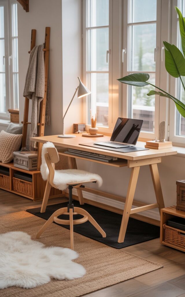 A Boho alpine chic home office featuring a standing desk option with an anti-fatigue mat underneath for comfort. The desk is made of light wood with clean lines, paired with a stylish stool or adjustable chair. The space blends cozy alpine elements—like a sheepskin rug, knitted throws, and wooden accents. Large windows let in natural light, highlighting the airy, relaxed, and functional atmosphere perfect for productivity and well-being