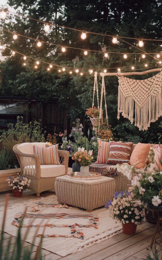 A photo of a boho-cottagecore backyard patio with overhead string lights casting a warm, magical glow. The space features a mix of wicker and wooden furniture with colorful patterned cushions, macramé hangings, and potted wildflowers. Natural wood decking is softened by layered outdoor rugs, creating a dreamy, whimsical vibe perfect for cozy gatherings at dusk.