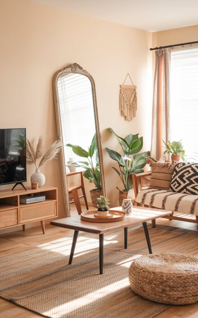 A photo of a boho + modern country living room with warm natural light. There's a slim, sleek mirror with a vintage-inspired frame leaning against the wall, bouncing light and expanding the space. The room contains a cozy sofa with patterned cushions, a wooden coffee table, a TV console, woven rugs, indoor plants, and eclectic boho décor accents. The space has warm textures, earthy tones, and layered details, creating a refreshed, airy, and inviting atmosphere.