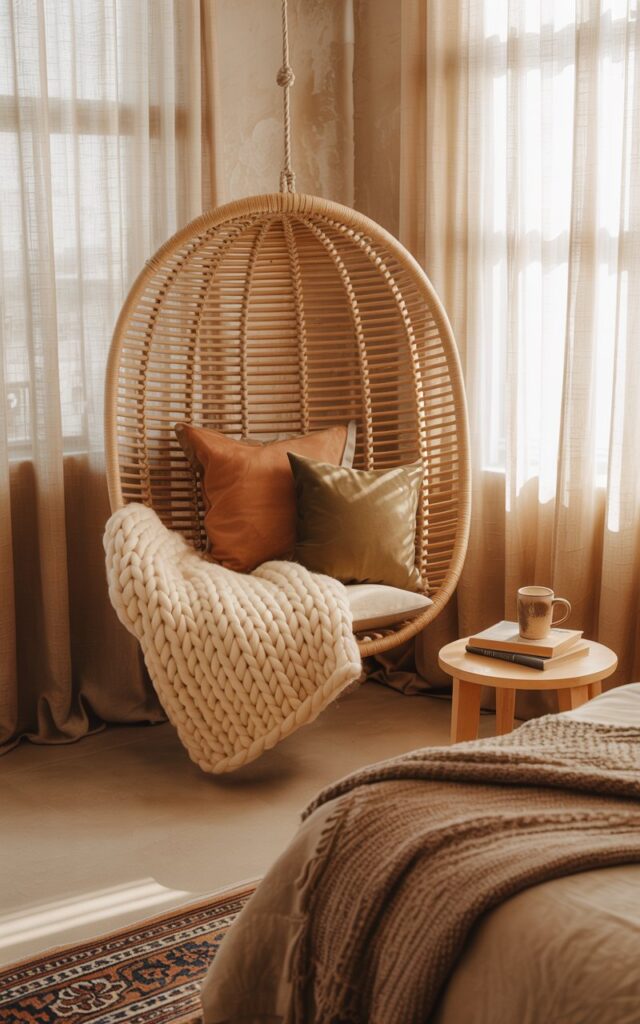 A photograph of a cozy bedroom corner centered around a suspended rattan chair. The chair is draped with a chunky knit cream-colored throw and several linen cushions in muted terracotta and olive green tones, inviting a relaxed posture. Sunlight streams through sheer linen curtains, illuminating the textured walls and highlighting a small, round wooden side table beside the chair with a stack of books and a ceramic mug.  A portion of a bed with a woven wool blanket and a vintage patterned rug is visible in the background, establishing a warm and inviting boho-rustic atmosphere.