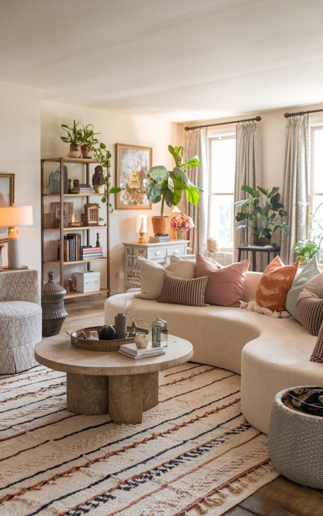 A photo of a living room with a boho, traditional, and chic style. There is a round coffee table with essentials on it and a curved sofa as focal points. The space is fully furnished with layered rugs, a bookshelf, eclectic cushions, indoor plants, and vintage-inspired décor. Natural wood tones, textured fabrics, and warm ambient lighting enhance the cozy Boho feel. Traditional furniture details and chic accents create a refreshed, stylish, and inviting atmosphere.