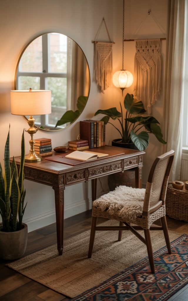 A photograph of a cozy home office nook nestled within a sun-drenched living room. A beautifully carved, dark-wood desk sits center frame, adorned with a vintage brass lamp and a stack of leather-bound books, paired with a woven rattan chair covered in a textured cream-colored cushion. Above the desk hangs a large round mirror reflecting the nearby window's soft light, which illuminates a collection of macramé wall hangings, a potted snake plant, and a patterned kilim rug on the floor. Warm, diffused natural light spills into the room, highlighting the bohemian and traditional details that create a tranquil and inspiring workspace.