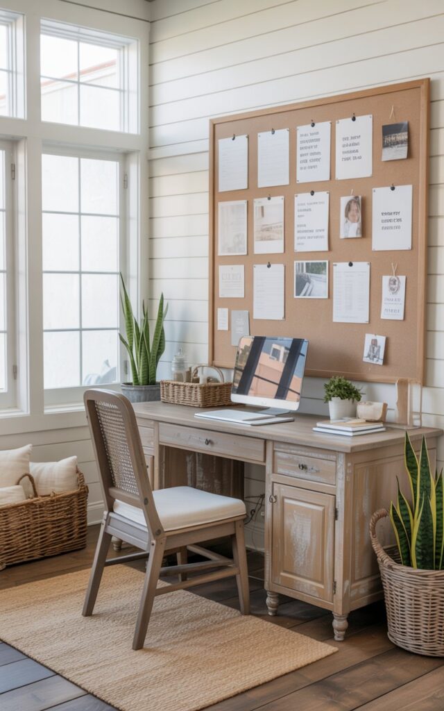 A California coastal + rustic style home office featuring a bulletin board for notes and reminders. The bulletin board is neatly arranged with pinned memos, inspirational quotes, and small photos, keeping the workspace organized. A reclaimed wood desk with a distressed finish pairs with a comfortable chair, while rattan baskets, woven textures, and light coastal colors enhance the rustic charm. Large windows let in natural light, highlighting the airy, relaxed atmosphere. Potted plants and minimal decor add freshness without clutter, creating a functional and inviting home office.