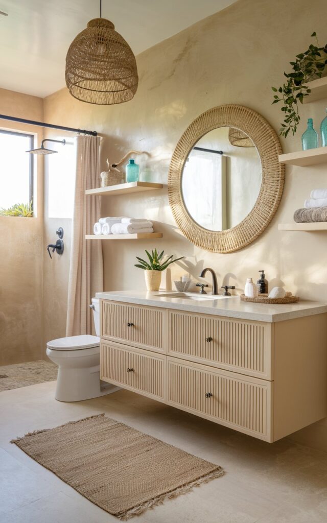 A photo of a full beige bathroom with a chic, sunlit vibe. The focal point is a large round mirror framed in natural rattan, hanging above a soft beige floating vanity with clean lines and a white quartz countertop. Behind it, the wall is finished in a smooth, sandy-toned plaster that glows in natural light. To the side, open shelving holds rolled white towels, sea-glass bottles, and driftwood accents. A woven pendant light and light oak flooring complete the look, blending effortless coastal ease with modern, curated style. The bathroom has a toilet, a shower area, a curtained window, a floor rug, and a few plants.
