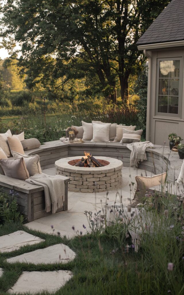 A photo of a cozy backyard patio in a countryside style. There is a built-in seating area around a rustic stone fire pit. The seating is made of weathered wood and is covered with plush neutral-toned cushions and throw blankets. The patio is surrounded by lush greenery and wildflowers. The patio is attached to a house. Soft evening light casts a warm, inviting glow over the scene.