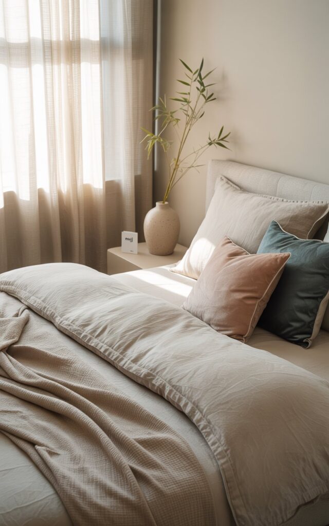 A photograph of a king-sized bed in a serene bedroom blending European and Japandi design aesthetics. The bed is meticulously layered with soft, dove-grey linen sheets, a textured oatmeal-colored throw, and a couple of accent pillows in muted blush pink and deep teal. A single, delicate ceramic vase holding a sprig of bamboo sits on a minimalist nightstand beside the bed, with a small "Muji" label subtly visible. Soft, diffused sunlight streams through sheer linen curtains, illuminating the room's neutral color palette and creating a peaceful, airy atmosphere.