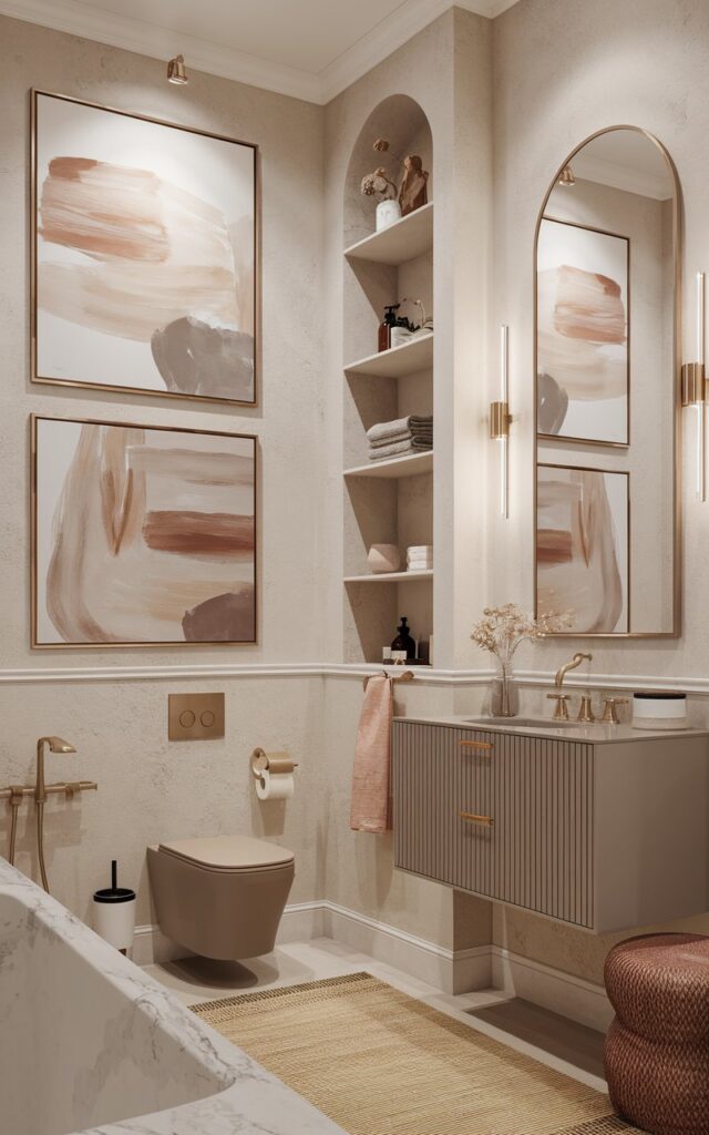 A photo of a European chic bathroom with a clean, elegant design. There are 2-3 abstract art pieces in earthy neutral tones displayed above the toilet or beside the vanity. The artwork features soft brushstrokes in beige, clay, warm gray, and muted taupe, and is framed in thin gold trim. The walls have a textured finish. There is a sleek floating vanity in soft greige beneath a minimalist arched mirror. Brass fixtures, marble accents, and a woven stool add layered texture. The bathroom is fully furnished with a toilet, bathtub, rug, shelves, etc. Each abstract art has spotlights.