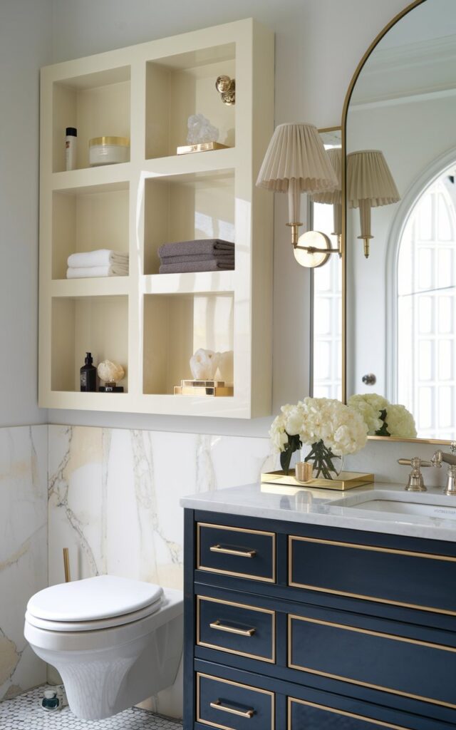 A photo of a European glam-inspired bathroom with 2-3 wall-mounted cubbies in a glossy cream lacquer finish. The cubbies are arranged neatly above the vanity or beside the mirror and each contains folded hand towels, curated skincare bottles, and a small decorative item like a crystal perfume or candle. The vanity is deep navy or charcoal with gold-trimmed drawers and a white marble countertop. A sculptural wall-hung toilet and brushed brass sconces with pleated fabric shades flank a grand arched mirror. The space blends high-fashion European elegance with modern function, resulting in a structured, polished, and effortlessly luxurious atmosphere.