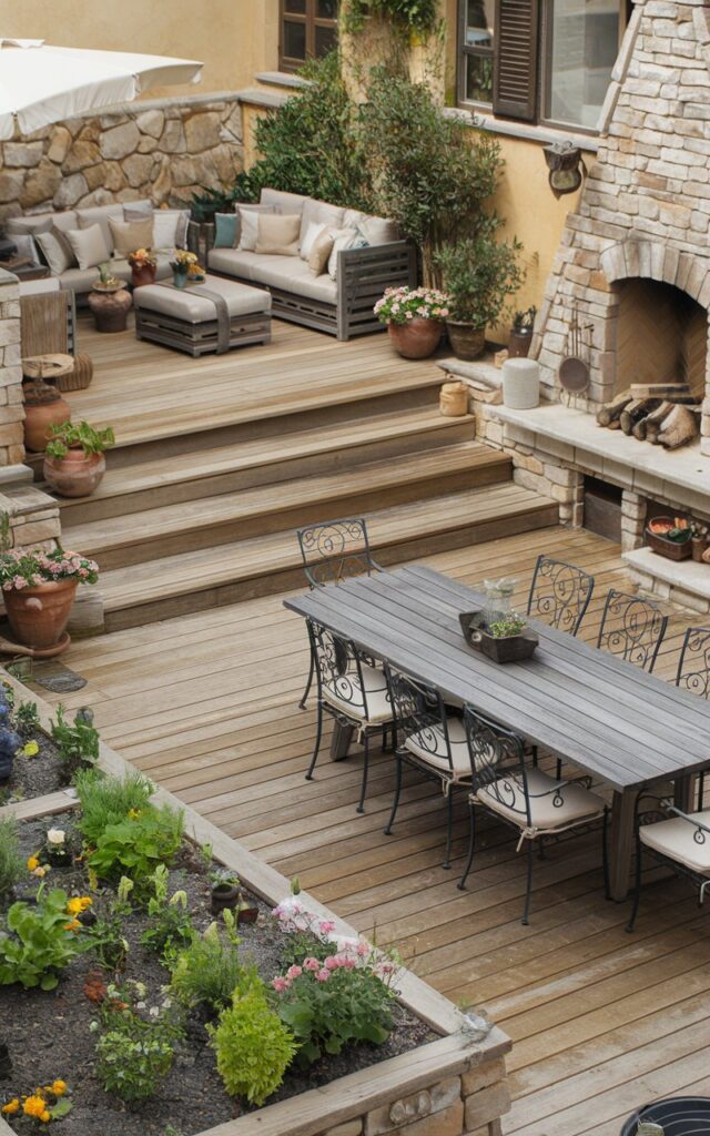 A photo of a European rustic backyard patio with a multi-level wooden deck. There are three distinct zones: a cozy lounge area with plush sofas and a stone fireplace, a dining space with a large wooden table and wrought-iron chairs, and a mini garden filled with herbs and flowers in terracotta pots. Natural stone accents and warm, earthy tones complete the fully furnished, charming outdoor retreat.