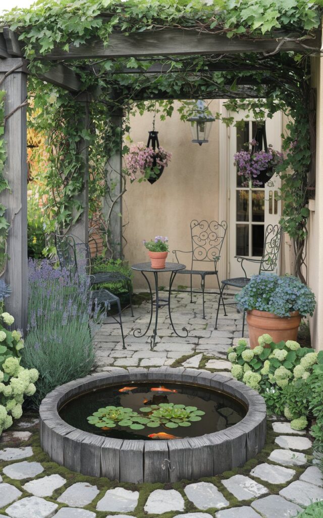 A photo of a European-style backyard with a timeless charm and lush greenery. In the center of the cobblestone garden nook, a weathered oak whiskey barrel is partially buried into the ground, transformed into a mini pond with water lilies floating on the surface and a few goldfish darting below. The pond is bordered with moss-covered stones and surrounded by lavender, hydrangeas, and creeping thyme. Nearby, wrought-iron café chairs with a small round table sit under the dappled shade of a grapevine-covered pergola. Ornamental lanterns hang from hooks, and terracotta pots with geraniums add bursts of color, creating a cozy, storybook garden atmosphere. The area is attached to a house.