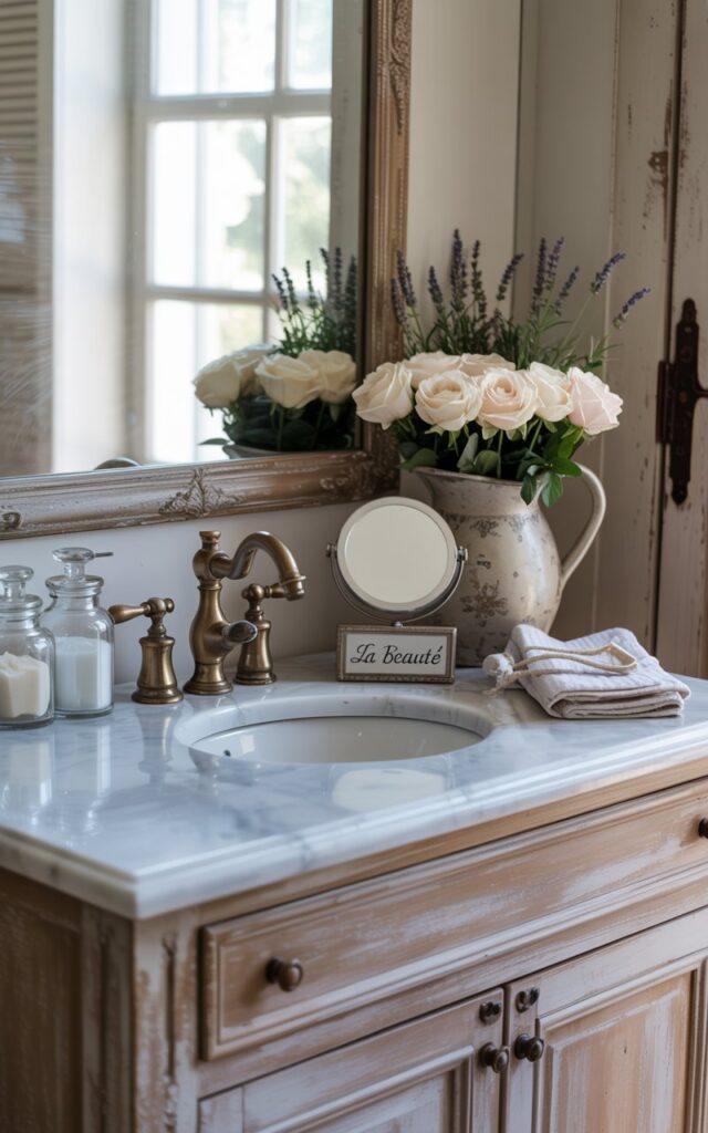 A photograph of a French country-style bathroom counter featuring a distressed wood vanity with a gleaming white marble countertop. A vintage brass faucet is centered on the countertop, positioned beside a small, elegantly framed pocket mirror labeled “"La Beauté"” for precise grooming tasks. Nestled beside the mirror is a ceramic jug filled with delicate white roses and sprigs of lavender, complemented by neatly folded linen hand towels and clear glass jars containing bath essentials. Soft, diffused sunlight streams through a nearby window, highlighting the rustic charm and creating a serene, inviting atmosphere.