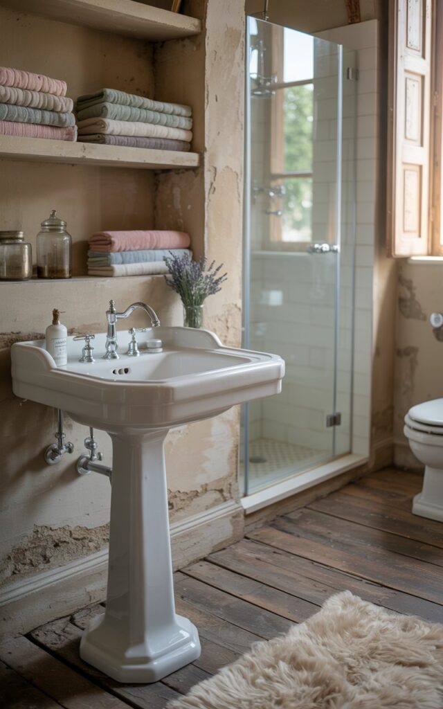 A photograph of a serene French country bathroom, centered around a classic white pedestal sink. The sink features porcelain details and a gleaming chrome faucet, positioned on a weathered wooden floor covered by a plush, cream-colored rug. Open shelves behind the sink display neatly folded linen towels in soft pastel shades alongside vintage apothecary jars and a small vase with fresh lavender, while natural light streams through a nearby window illuminating the space and highlighting the aged plaster walls. The bathroom includes a discreetly placed toilet and a glass-enclosed shower, all contributing to the room's tranquil and inviting atmosphere.