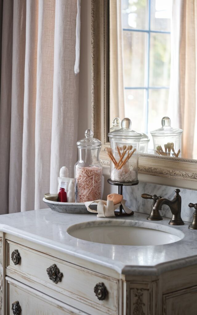 A photo of a French country-style bathroom with a whitewashed wood vanity and a marble countertop. The vanity is adorned with decorative jars holding q-tips, bath salts, and other small essentials. There is an antique brass sink and a large ornate mirror above the vanity. The room has a window with light linen curtains, allowing soft natural light to illuminate the space. The jars' elegant glass and ceramic textures are highlighted by the light. The overall scene combines charming rustic elements with refined French elegance, creating a warm, inviting, and organized small bathroom.