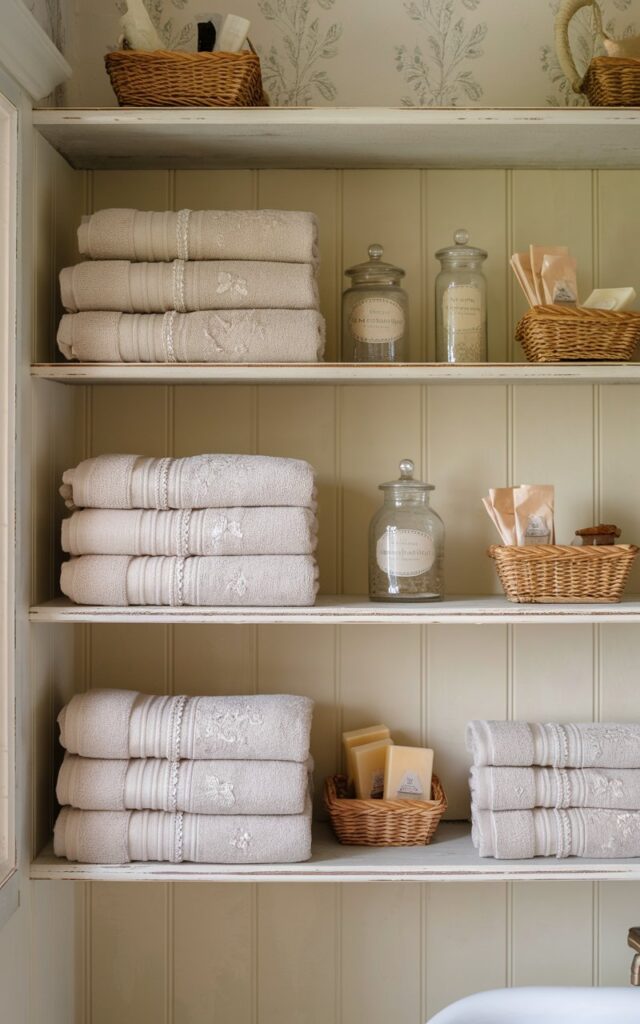 A photo of a French country bathroom styled with open shelves holding neatly folded light tan towels, each with subtle embroidered or lace trim for added elegance. Alongside the towels, the shelves display essentials like glass apothecary jars, small baskets, and bar soaps wrapped in vintage paper. The shelves are made of lightly weathered wood, mounted against a soft cream or beige wall with faint floral wallpaper or vertical paneling. The space is calm and inviting, evoking the charm of a countryside inn—where every detail whispers relaxation and rustic refinement.
