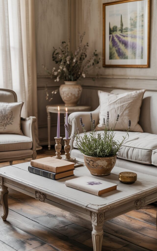 A photograph of a cozy French country-style living room bathed in the warm glow of natural light. The focal point is a meticulously styled coffee table with three stacked antique books, two lavender-scented candles in antique holders, and a small arrangement of olive branches in a weathered terracotta pot. A plush, cream-colored sofa with linen cushions and a vintage armchair sit comfortably nearby, complemented by subtle decorative accents such as a ceramic vase with dried flowers and a framed watercolor painting of lavender fields. The room exudes a sense of rustic elegance with distressed wood floors and soft, neutral wall tones, creating a refined and inviting ambiance.