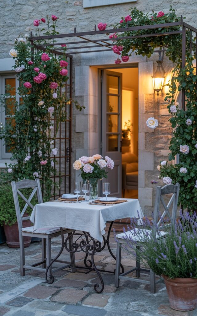 A photograph of a charming French country style patio attached to a stone home at dusk, centered around a wrought-iron dining table set for two. The table is adorned with a simple white linen tablecloth, two weathered wooden chairs, and a vase holding a bouquet of pastel-colored roses, all partially illuminated by the warm glow of a vintage lantern. A trellis overflowing with vibrant climbing roses frames the patio, leading the eye toward the softly lit doorway of the home, while terracotta pots filled with fragrant lavender and cobblestone flooring complete the scene. The soft evening light creates a romantic and tranquil ambiance, enhancing the rustic beauty of the space.
