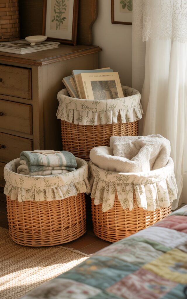 A photograph focusing on three intricately woven baskets in a charming French countryside bedroom. The baskets, crafted from natural fibers, feature delicate floral patterns in muted shades of cream, sage green, and soft blue, and are neatly arranged near an antique wooden dresser. Within the baskets are glimpses of folded linen blankets, vintage magazines with faded covers, and plush white towels, all bathed in the gentle glow of morning light streaming through a lace-curtained window. The room’s background reveals glimpses of a cozy bed with a patchwork quilt and rustic wooden shelves adorned with botanical prints, contributing to a feeling of peaceful serenity.