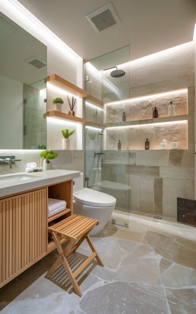 A photo of a Japandi + Balinese full bathroom with a foldable stool tucked neatly between the vanity and toilet. The bathroom combines clean Scandinavian lines with natural Balinese textures, including light wood cabinetry, stone flooring, and bamboo accents. The stool is made of slatted wood with a minimalist design, blending seamlessly with the surroundings. The bathroom has a shower area with a rainfall showerhead, recessed shelves, etc. Soft ambient lighting highlights floating shelves with potted greenery and neatly arranged toiletries, creating a serene, functional, and spa-like atmosphere in the compact space.