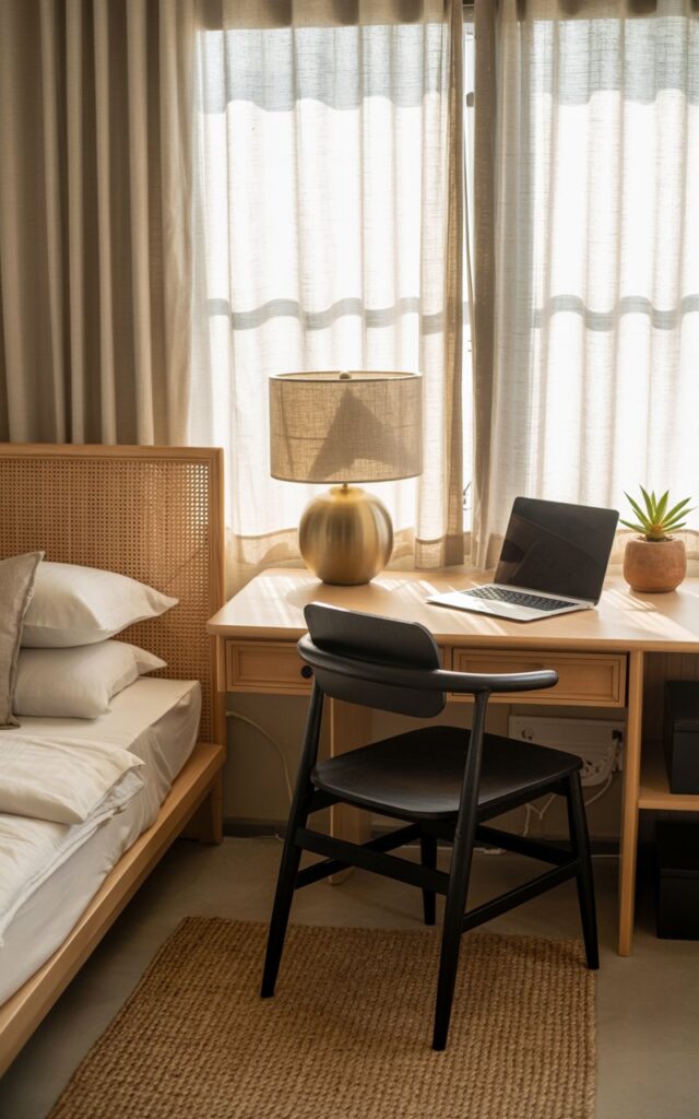 A photograph of a serene Japandi-Balinese bedroom centered around a minimalist desk space beside a low platform bed. The desk features a silver laptop, a brushed brass table lamp with a linen shade, and a small succulent in a terracotta pot, paired with a sleek black ergonomic chair. Sunlight streams through sheer linen curtains, illuminating the natural wood tones of the desk and bed frame, while a woven rattan headboard and a textured jute rug subtly incorporate Balinese influences. The overall atmosphere is calm and inviting, with soft shadows enhancing the feeling of a functional and aesthetically pleasing workspace.