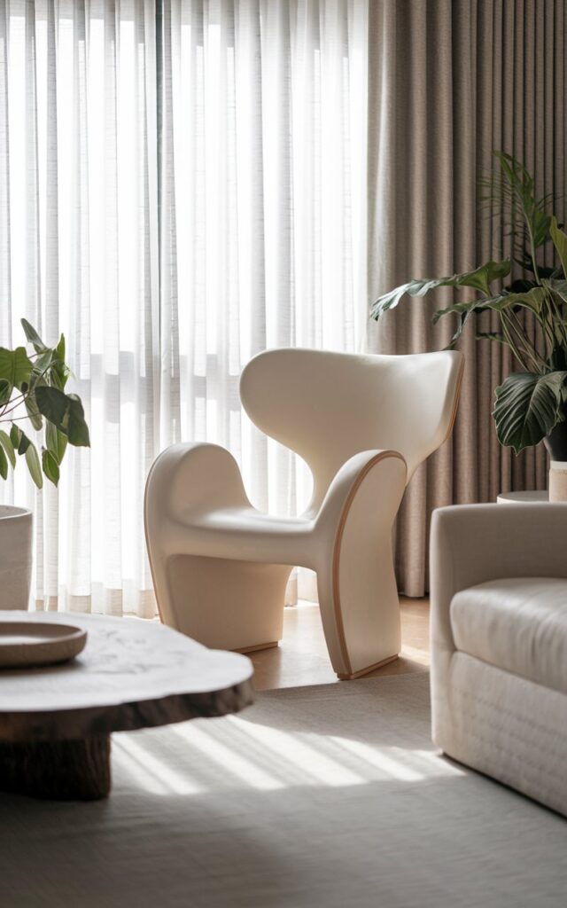 A photo of a Japandi-style living room with a sculptural statement chair as the focal point. The chair, with sleek curves and natural wood accents, sits beside a low coffee table and minimalist sofa. The space is styled with neutral tones, soft textiles, indoor plants, and clean-lined furniture. Natural light filters through sheer curtains, highlighting the sculptural chair and creating a refreshed, serene, and stylish atmosphere.