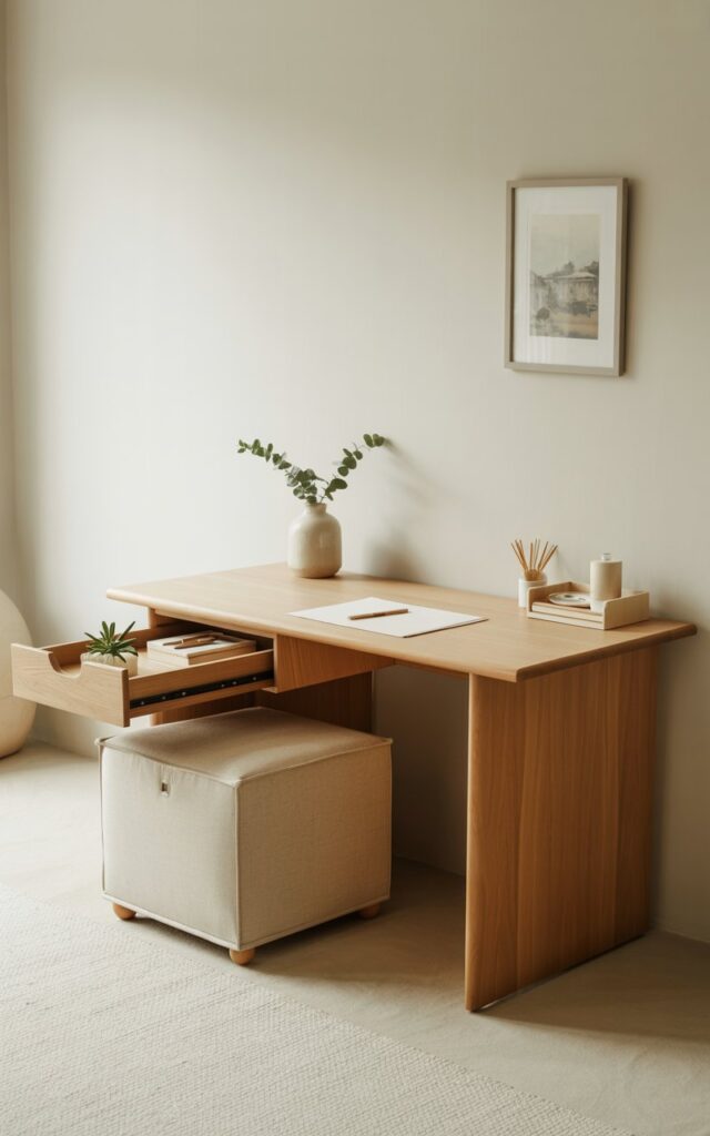 A photograph of a minimalist home office bathed in soft, natural light, showcasing a light wood desk as the central focus. The desk features clean lines, a natural wood grain, and discreetly integrated under-desk drawers that are partially open, revealing neatly organized stationery and a small succulent. A nearby storage ottoman upholstered in a light beige linen sits alongside the desk, with a delicate ceramic vase holding a sprig of eucalyptus placed atop it. The walls are painted a warm off-white and accented with a single framed print of a Japanese landscape, completing the Japandi + shabby chic aesthetic.
