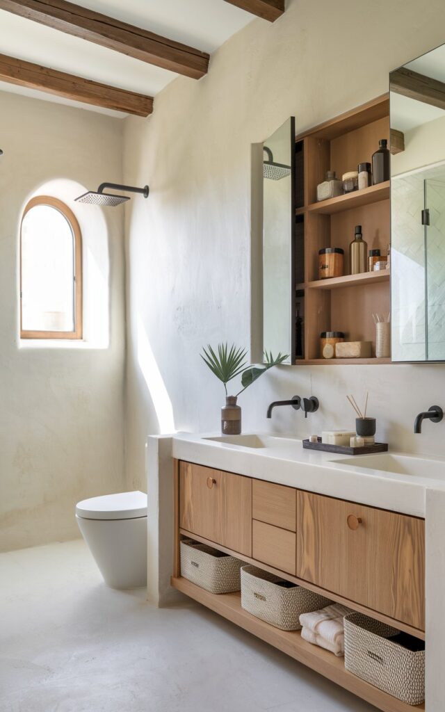A photo of a Mediterranean-modern bathroom with a recessed medicine cabinet, a sleek vanity, white and terracotta tiles, smooth stucco walls, matte black fixtures, and natural wood accents. The cabinet doors reveal organized toiletries, glass jars, and daily essentials. There is a toilet and a shower area. Sunlight streams through a small arched window, illuminating the space and highlighting the functional elegance and airy feel of the bathroom.