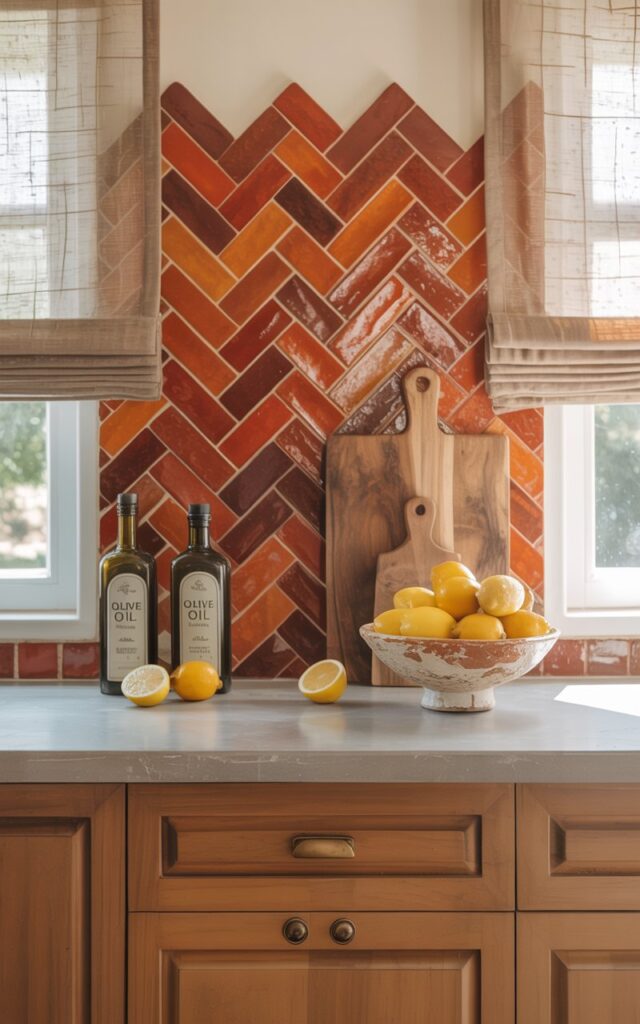 A photograph of a bright and airy Mediterranean-style kitchen showcasing a vibrant herringbone backsplash of rich terracotta tiles. Warm, custom-built wooden cabinets with minimalist brass hardware are paired with a light grey stone countertop artfully styled with "olive oil" bottles, a weathered ceramic bowl overflowing with fresh lemons, and a rustic wooden chopping board displaying a halved lemon. Soft, diffused natural light streams through a nearby window, illuminating the backsplash as the kitchen’s focal point and highlighting the woven linen curtains gently framing the view. The scene exudes warmth and charm, with subtle terracotta accents and delicate brass hardware adding a touch of understated elegance.