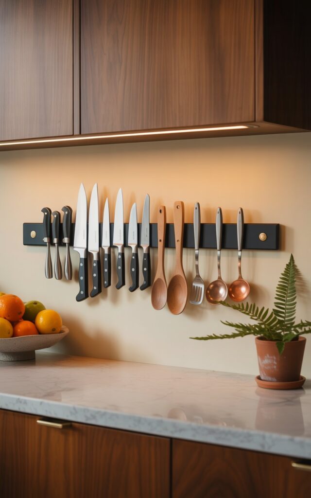 A photograph of a mid-century modern kitchen counter highlighting a sleek magnetic knife strip mounted on a cream-colored wall. The strip holds a collection of stainless steel knives, wooden spoons, and copper cooking utensils, all arranged neatly against the backdrop of warm walnut cabinetry and a light gray marble countertop. A simple fruit bowl filled with vibrant oranges and lemons sits to the left, while a small terracotta pot with a fern rests to the right, all bathed in the soft glow of a nearby recessed light fixture. The scene exudes a calm, functional, and stylish aesthetic, creating an inviting and organized kitchen space.