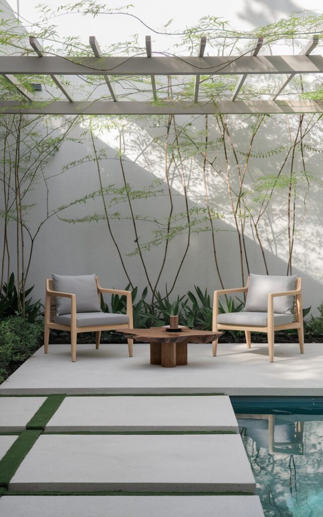 A photo of a modern Japandi + Asia Zen backyard patio. There is a minimalist pergola elegantly draped in lush climbing vines with delicate green leaves. Beneath the pergola, a low-profile wooden coffee table sits between two sleek, comfortable chairs with natural wood frames and neutral cushions. The seating area overlooks a serene swimming pool with clean lines and calm blue water. Surrounding the space are smooth stone tiles, bamboo accents, and carefully placed greenery, creating a tranquil, balanced atmosphere that blends simplicity with nature-inspired elegance. Soft natural light filters through the vines, casting gentle shadows over the space.