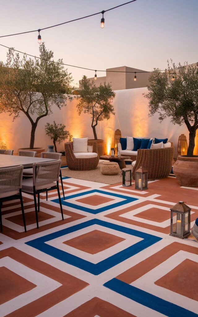 A photo of a modern Mediterranean backyard patio with a bold geometric-patterned painted floor in earthy terracotta, white, and deep blue tones. The space is fully furnished with essentials - a stylish outdoor dining set with cushioned chairs, a cozy lounge area with wicker sofas and low tables, and potted olive trees for a natural touch. Warm ambient lighting hangs overhead, casting a soft glow across the patterned floor, while textured rugs, ceramic planters, and lanterns add layers of charm. The bold design anchors the patio, creating a vibrant yet elegant atmosphere for gatherings.