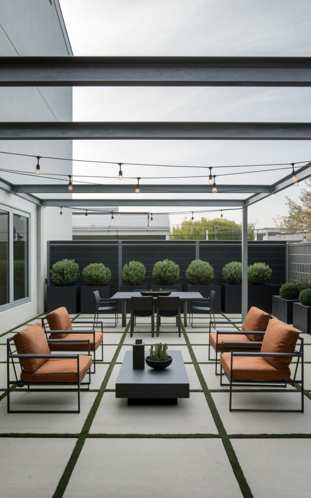 A modern industrial backyard patio with clean, geometric lines and smooth concrete slab flooring. The space is fully furnished with a mix of raw metal and reclaimed wood pieces, including a low rectangular coffee table, structured lounge chairs with leather cushions, and a streamlined dining set. Exposed steel beams frame the area, paired with potted greenery in matte black planters for a touch of softness. Subtle Edison bulb string lights hang overhead, casting a warm amber glow that contrasts beautifully with the cool concrete tones. The overall look is bold, minimalist, and effortlessly urban.